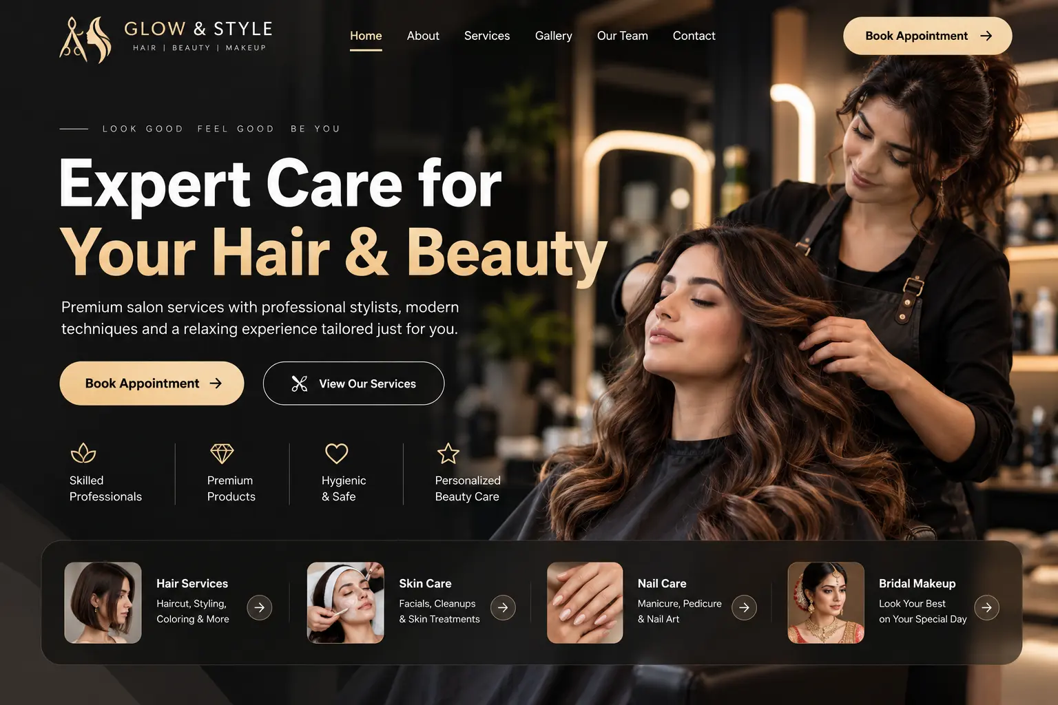 Modern salon website design showcasing beauty and hair care services